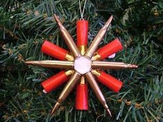 Christmas ornament made out of bullet shells! Love! Shell Casings Crafts, Bullet Casing Crafts, Camo Christmas, Shells Crafts, Snowflake Christmas Tree, Shell Craft