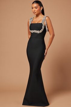 Masie Bandage Gown - Black | Fashion Nova, Luxe | Fashion Nova Black Tie Attire, Embellished Maxi Dress, Black Dress Formal, Guest Attire, Camisole Dress, Satin Gown, Black Gown, Gala Dresses, Glam Dresses