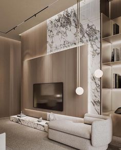 a modern living room with marble walls and flooring