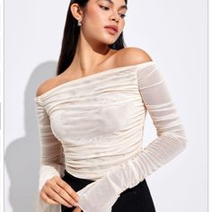 Mesh Off-Shoulder Long Sleeve Tee, Us 8, Large Chic Stretch Off-shoulder Mesh Top, Stretch Off-shoulder Mesh Top For Spring, Trendy Off-shoulder Mesh Top, Spring Off-shoulder Mesh Top For Night Out, Summer Long Sleeve Fitted Off-shoulder Top, Off-shoulder Mesh Top For Summer Nights Out, Summer Off-shoulder Mesh Top For Night Out, Spring Off-shoulder Fitted Top For Night Out, Summer Mesh Off-shoulder Top For Night Out