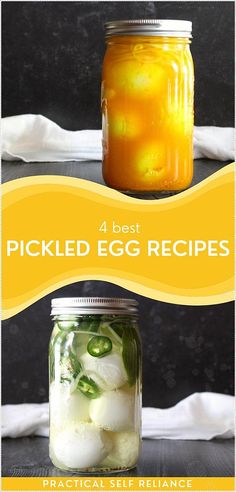 pickled egg recipe in a mason jar with text overlay that reads 4 best pickled egg recipes