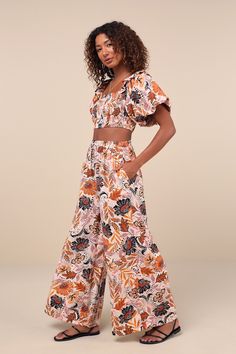 India Dress, Two Piece Jumpsuit, Floral Print Fabric, Adhesive Bra, Floral Jumpsuit, Wide Pants, Strapless Bra, Women's Summer Fashion, Cropped Top