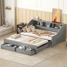 a modern day bed with storage underneath it