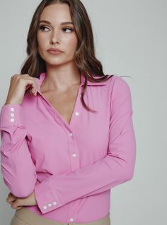 pink-1000 Elegant Stretch Button-up Blouse, Fitted Blouse With Placket For Work, Fitted Workwear Blouse With Placket, Fitted Tops With Placket For Office Wear, Classic Pink Collared Top, Classic Pink Tops With Collared Neckline, Fitted Solid Color Blouse With Placket, Fitted Blouse With Placket, Classic Stretch Blouse With Button Closure