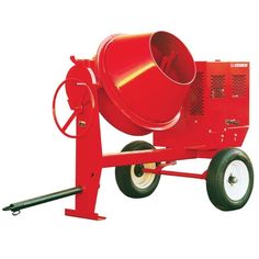 a red cement mixer sitting on top of a dolly