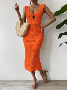 Chic and Cozy: Hollow Out Sweater Dress for Stylish Women Chic Crochet Knit Party Dress, Spring V-neck Hollow Out Midi Dress, Spring Hollow Out V-neck Midi Dress, Stretch Crochet Dress With Hollow Out Details, Elegant Knit Midi Dress For Vacation, Elegant Crochet Dress For Party, Elegant Crochet Party Dress, Casual V-neck Crochet Dress For Party, Trendy Knit Dresses