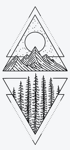 a black and white drawing of mountains with trees in the middle, surrounded by triangles