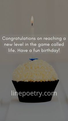 a cupcake with white frosting and a lit candle on the top reads congratulationss on reaching a new level in the game called life have a fun birthday