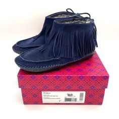 Brand New Tory Burch Collins Fringe Moccasins~ Split Suede~Navy Blue~Size 9~Crafted From Suede And Leather~Fringe Detail~Leather Lace Ties~Leather Tory Burch Logo~Nickle Hardware~Dyed Shearling Lined~Hand Stitched Leather Soles~Rubber Heel Bumper And Soles~Round Toes~Outer Length From Heel To Toe Is Approx 11" Long~Comes Packaged In Original Box~Stored Away And Never Worn~Style #32148419 Blue Leather Sole Slip-on Moccasins, Navy Loafers With Stitched Sole And Round Toe, Blue Round Toe Loafers With Stitched Sole, Blue Loafers With Stitched Sole And Round Toe, Blue Moccasins With Leather Sole And Moc Toe, Blue Leather Loafers For Fall, Blue Slip-on Moccasins With Textured Sole, Blue Moccasins With Branded Insole And Moc Toe, Blue Moc Toe Moccasins With Stitched Sole