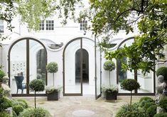 an entrance to a white building with potted trees in the front and on the side