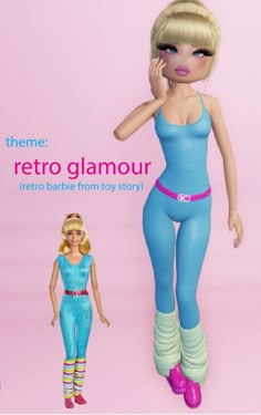 a woman in blue is standing next to a barbie doll with her hand on her face