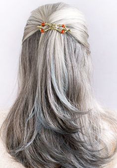 Lovely long gray hair in a half up hairstyle! Beautifully secured with a Lilla Rose Flexi clip! Super comfortable and works in all types of hair, from baby fine hair to super thick hair! | Growing out gray hair | Gray hair ideas | Hairstyles for long gray hair | How to grow out gray hair #silverhair #grayhair Grey Hair Braids, Growing Out Gray Hair, Short Silver Hair, Beautiful Gray Hair, French Twist Hair, Gray Hair Growing Out, Silver Grey Hair, Short Grey Hair, Gray Hair Highlights