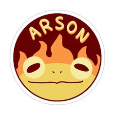 an orange sticker with the words arson on it's face and eyes