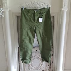 Brand New, Never Worn, Zara Army Green Cotton Pants With Interesting Feature At Ankle. Ankle Stap Snaps For Adjustment Of Size. These Have A Cargo Vibe Spring Green Cargo Work Pants, Spring Khaki Utility Work Pants, Spring Cargo Style Work Pants With Tapered Leg, Green Tapered Leg Utility Pants, Green Ankle-length Utility Cargo Pants, Green Tapered Leg Parachute Pants For Spring, High Waist Green Capris With Pockets, Zara Relaxed Fit Cargo Pants For Spring, Zara Casual Ankle-length Cargo Pants