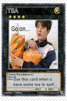 a card with an image of a person holding something in it's hand and the caption says, go on use this card when u have some tea to spill