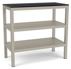 a white and black shelf with two shelves on each side, against a white background