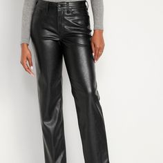 Leather Pants From Old Navy. Size 8 Regular. Still Have The Tag. They Are So Soft And Comfortable!! Never Worn. Smoke Free House. High Rise Straight Fit Pants With Belt Loops, High Waist Straight Fit Bottoms With Belt Loops, High Waist Leather Bottoms With Faux Front Pockets, Wide Leg Faux Leather Pants With Belt Loops, Fitted Faux Leather Bottoms With Faux Front Pockets, Fall Straight Leg Bottoms With Button Zip Fly, Black Mid-rise Pants With Button Zip Fly, Black Straight Fit Bottoms For Fall, Straight Leg Bottoms With Button Zip Fly For Fall