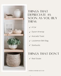 a white shelf with some plants and other things on it, including a vase in the corner