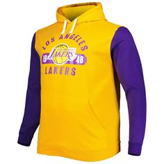 The Men's Fanatics Branded Gold/Purple Los Angeles Lakers Big & Tall Bold Attack Pullover Hoodie is the ultimate way to show your unwavering support for the Los Angeles Lakers. Crafted from a soft cotton and polyester blend, this midweight hoodie ensures comfort and warmth during chilly game days. Bold screen print graphics proudly display your Lakers pride, while the spacious front pouch pocket provides ample storage for your essentials. Whether you're cheering from the stands or simply sho Purple Sportswear Hoodie For Fall, Purple Hoodie For Sports In Fall, Purple Sports Hoodie For Fall, Sporty Purple Hoodie For Sports, Purple Sportswear Sweatshirt For Sports, Purple Hooded Top With Ribbed Cuffs, Purple Sports Hoodie With Crew Neck, Purple Cotton Sweatshirt For Sportswear, Purple Adjustable Hood Sweatshirt For Streetwear