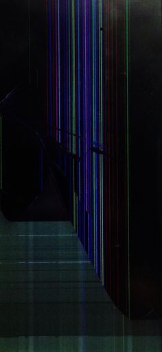 an abstract painting with multicolored lines on the wall and in the background is a dark room