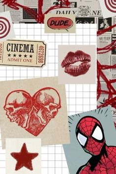 spider - man stickers are on the wall next to some red lipstick and other items