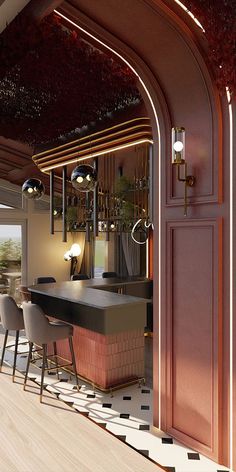 an open door leading to a bar with stools and tables in the room,