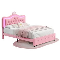 a pink bed with a white pillow and pillows on it's headboard, in front of a white background