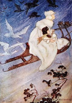 an illustration of a woman riding on a sled with birds flying around her in the sky