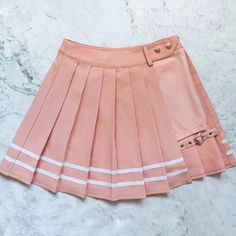 Pastel pink pleated schoolgirl skirt with white striping and a leg strap. The skirt comes with attached hidden shorts underneath. Pastel Skirt, Outfits Juvenil, Skirt Streetwear, School Skirt, Pink Mini Skirt, Shein Outfits, Pink Outfits, Pleated Mini Skirt, Pink Shorts