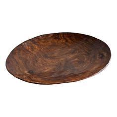 an oval wooden bowl with metal rims on a white background for use as a serving platter