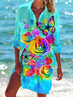 Butterfly Floral Long Sleeve Beach Shirt Dress – Wonder closets Spring Long Sleeve Beach Dress For Beach Party, Printed Beach Dress For Spring Holiday, Casual Long Sleeve Dress For Beach Party, Multicolor Long Sleeve Vacation Dresses, Spring Long Sleeve Beach Dress, Long Sleeve Multicolor Dresses For Vacation, Long Sleeve Vacation Dresses, Floral Print Beach Dress For Spring Holiday, Summer Long Sleeve Printed Beach Dress