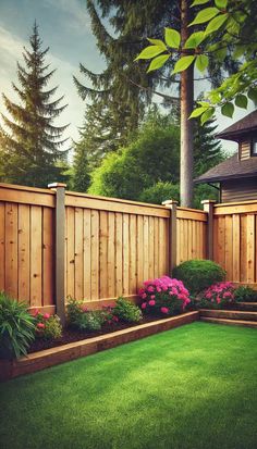 a wooden fence in the middle of a lush green yard with pink flowers and bushes