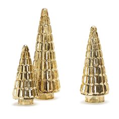 three gold - plated metal christmas trees are shown in front of a white background