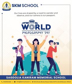 an advertisement for the world photography day with three people holding their hands in the air