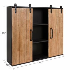 a large wooden cabinet with two doors and black hardware on the bottom, measurements for each door