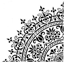 a black and white drawing of an ornate design with leaves, flowers and berries on it