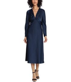 Maggy London Long Sleeve Satin Twisted V-Neck Knotted Midi Dress | Dillard's Cavalli Dress, Winter Wedding Guest Dress, Maggy London Dresses, Maggy London, Summer Dress Outfits, Silk Charmeuse, Sleeve Midi Dress, Long Sleeve Midi, Long Sleeve Midi Dress