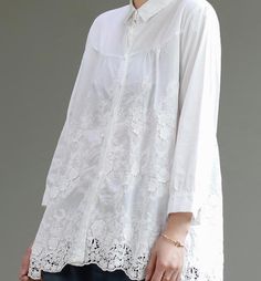 Lace Women-Cotton-Tops-Women-Blouse-Long-Sleeves-Loose-Style Spring Tops With Cotton Lace Patchwork, Spring Lace Patchwork Cotton Tops, Elegant Cotton Top With Lace Patchwork, Free Size Long Sleeve Blouse For Spring, Cotton Tops Free Size For Spring, Spring Cotton Free Size Tops, Spring Blouse With Lace Collar, Free Size Long Sleeve Tops For Spring, Spring Cotton Lace Blouse With Lace Collar