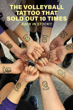 the volleyball tattoo that sold out 10 times back in stock is shown with hands stacked together