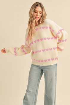 Pink Heart Sweater, Island Outfits, Drip Fits, Island Outfit, Fall Wedding Guest Dress, Fall Denim, Heart Sweater, Cute Preppy Outfits, Cute Sweater