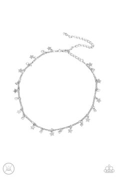 Dainty white rhinestones and flat silver stars twinkle along a classic silver chain around the neck, resulting in a stellar fringe. Features an adjustable clasp closure. Sold as one individual choker necklace. Includes one pair of matching earrings. White Choker Necklace, White Choker, Happy Jewelry, Star Necklace Silver, Rhinestone Choker Necklace, Bling Necklace, Lady Liberty, Rhinestone Choker, Paparazzi Accessories