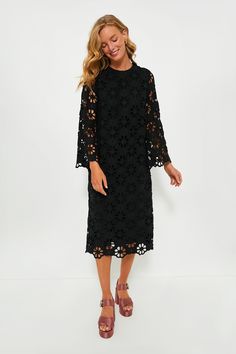 Noir Eyelet Hutton Dress | Tuckernuck Lace Bell Sleeves, Cocktail Attire, Date Nights, Weekend Wear, Night Looks, Dinner Parties, Office Fashion, Scalloped Edge, Handle Bag