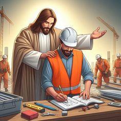 a man in an orange safety vest standing next to a construction worker at a desk