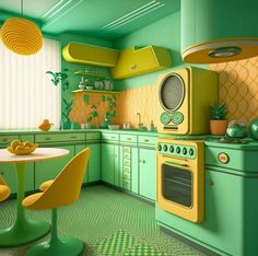 a green and yellow kitchen with an oven, sink, stove, table and chairs