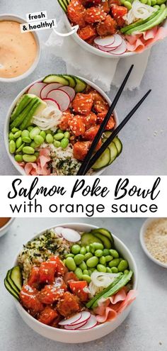 two bowls filled with salmon poke bowl and vegetables