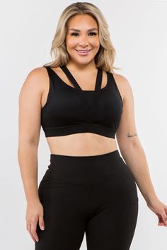 This utilitarian style is sporty, edgy and super flattering featuring a stretchy bandage style straps that create an x back design. Stretch Activewear With Cross Back And Medium Bust Support, Stretch Activewear With Bust Support And Cross Back, Stretch Activewear With Medium Bust Support And Cross Back, Solid Sporty Activewear With Straps, Sporty Solid Activewear With Straps, Solid Color Sporty Activewear With Straps, Stretch Crisscross Activewear With Bra Friendly Design, Stretch Strappy Sports Bra, Sports Bra With Straps For Workout