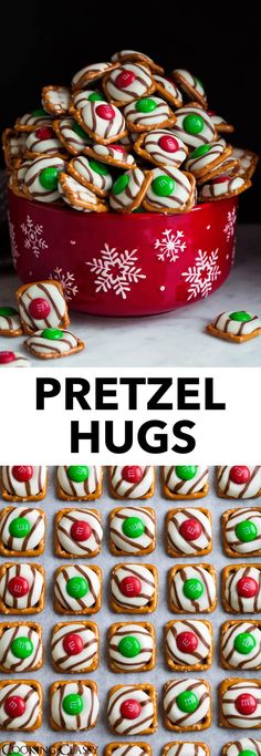 the pretzel hugs are decorated with candy canes and snowflakes on them