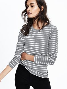 Gray stripes!! Banana Republic Chic Cotton Crew Neck Long Sleeve Top, Chic Long Sleeve Cotton Crew Neck Top, Chic Cotton Long Sleeve Crew Neck Top, Chic Everyday Long Sleeve Crew Neck Top, Chic Crew Neck Tops For Layering, Chic Long Sleeve Relaxed Fit T-shirt, Chic Long Sleeve T-shirt With Relaxed Fit, Chic Long Sleeve T-shirt For Fall, Classic Fitted Fall Top