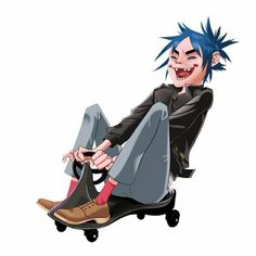 an anime character sitting on top of a skateboard with blue hair and piercings