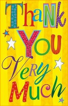 a thank card with the words thank you very much in bright colors and stars on it